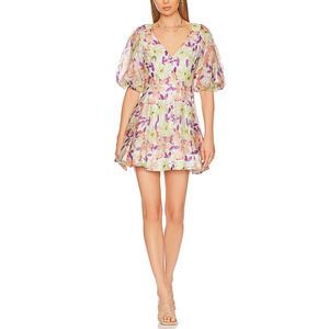 Bardot 'Fleur' Purple Padded Shoulder Puff Sleeve Mini Dress Size 10